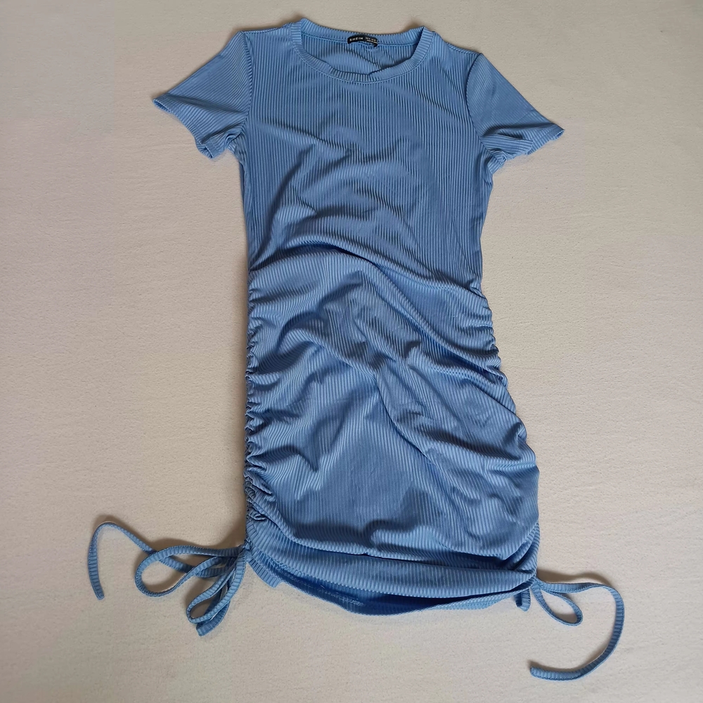 SHEIN Sz M Light Baby Blue Striped Bodycon Dress With Scrunch Sides